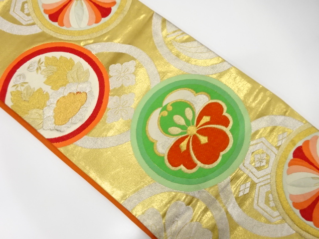 JAPANESE KIMONO / ANTIQUE FUKURO OBI / SILK / WOVEN ROUNDEL WITH FLOWER